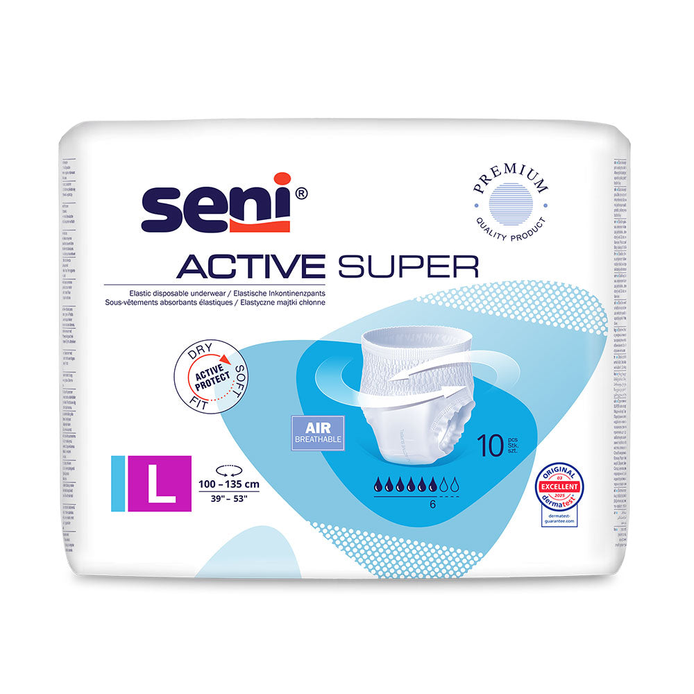 Frontalansicht einer Packung Seni Active Super Large Inkontinenzhosen.