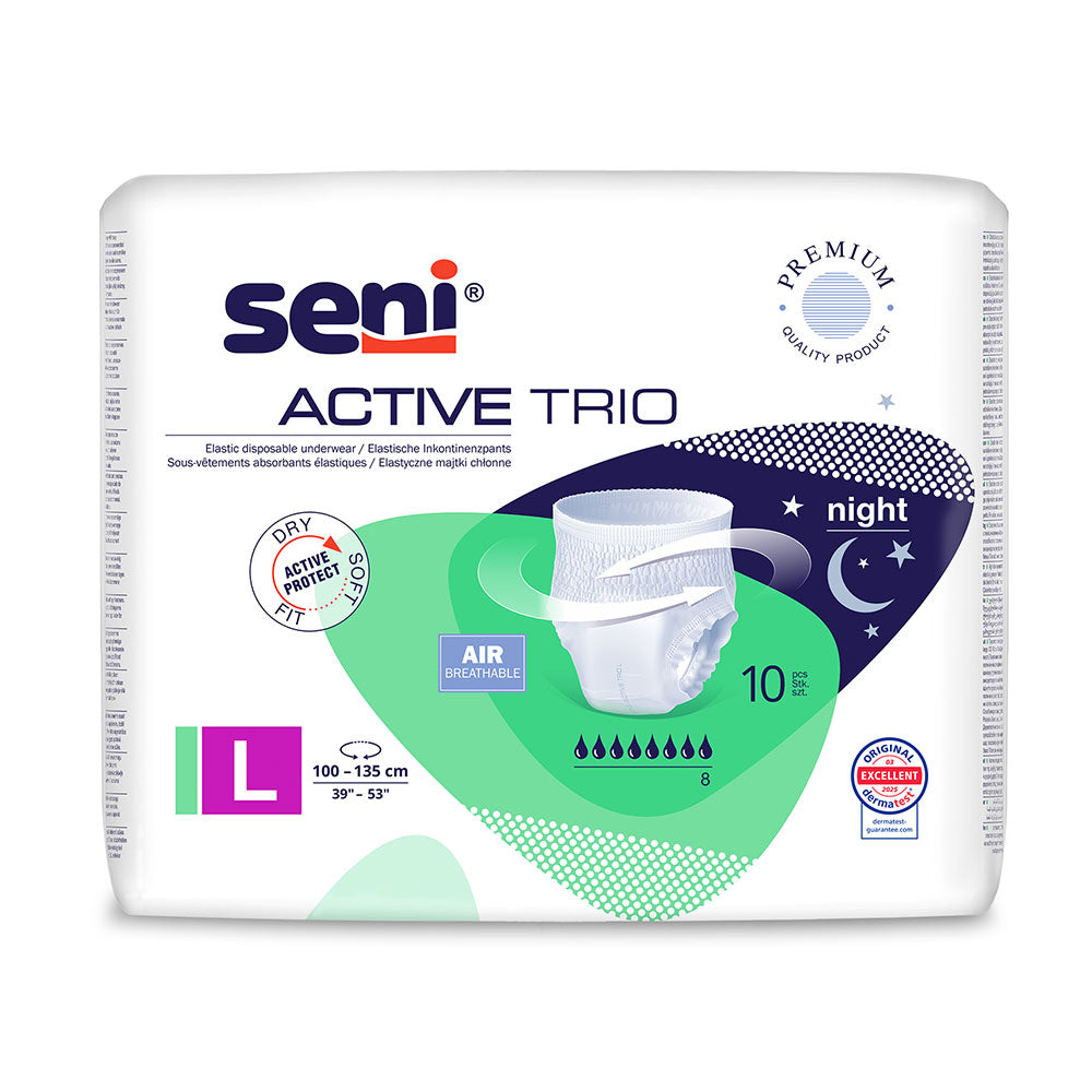Frontalansicht einer Packung Seni Active Trio Large Inkontinenzhosen.