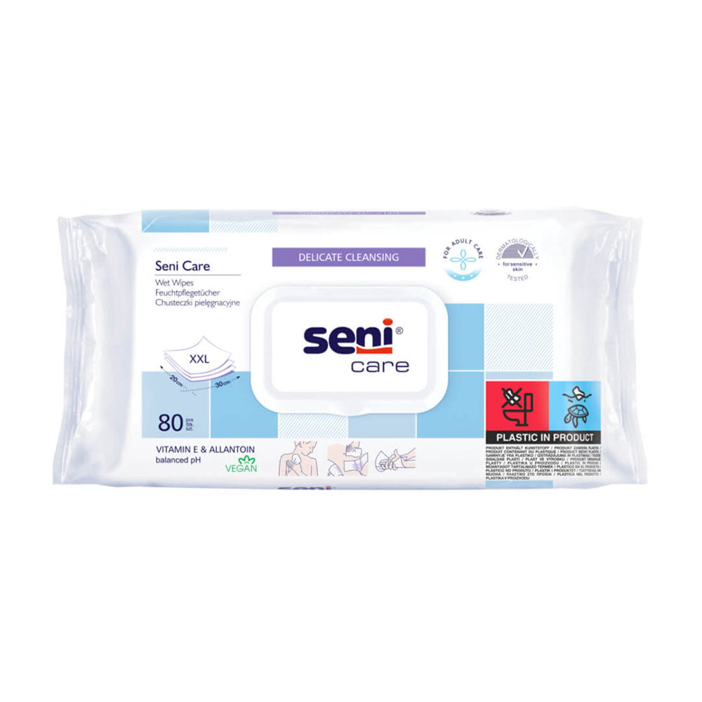 Frontalansicht einer Packung Seni Care Feuchtpflegetücher.