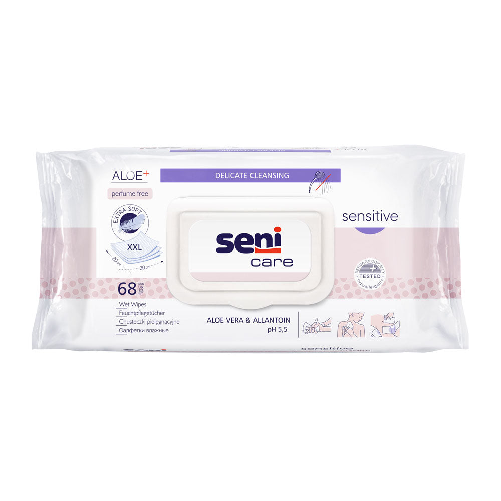 Frontalansicht einer Packung Seni Care Feuchtpflegetücher.