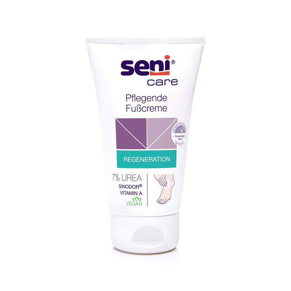 Seni Care Fußcreme mit 7 % Urea zur Regeneration trockener Haut, vegan, mit Vitamin A und Geruchskontrolle.
