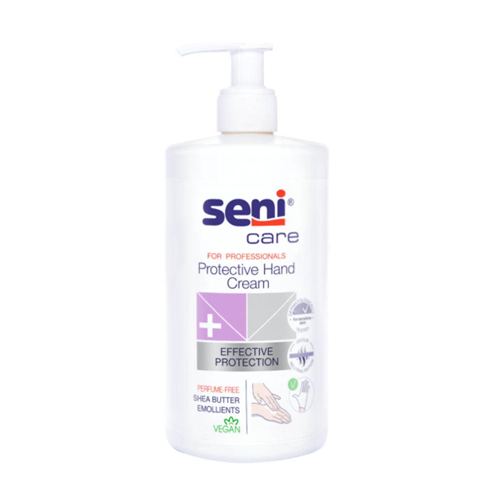 Frontalansicht der Seni Care Handschutzcreme mit Spender – ideal für häufige Anwendung im Pflegealltag