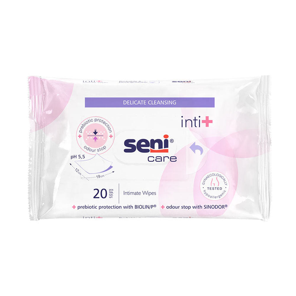 Frontalansicht der Seni Care inti+ Feuchttücher – Intimpflege für empfindliche Haut