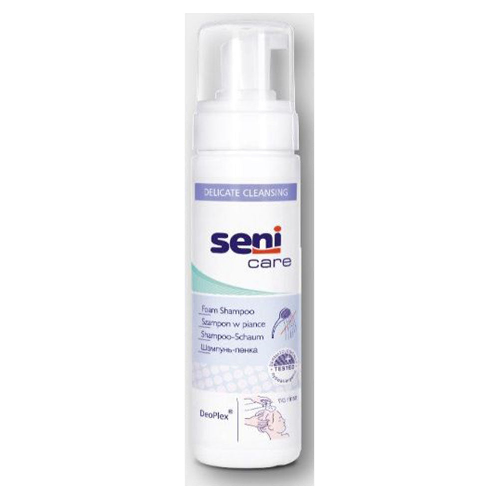 Seni Care Shampoo Schaum – Vorderansicht der 200 ml Flasche mit Dosierpumpe
