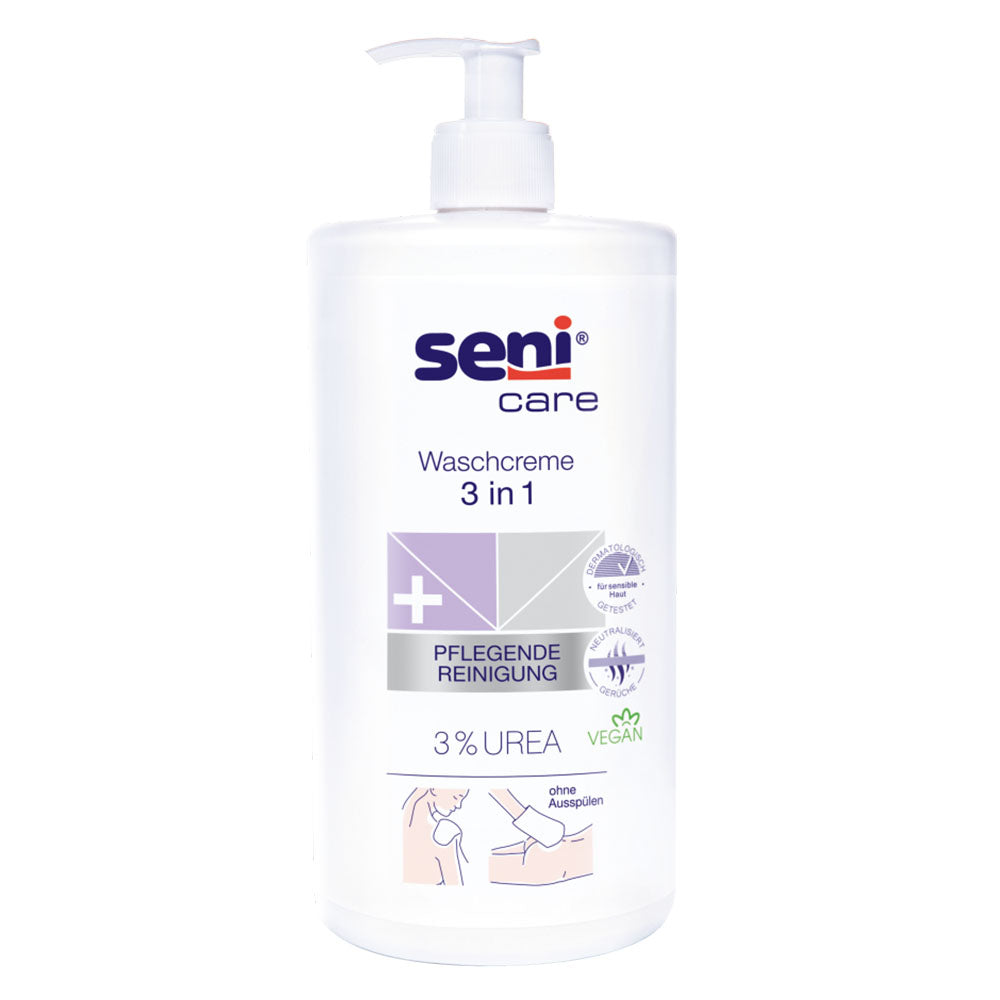 Eine 1000 ml Flasche Seni Care Waschcreme 3 in 1 in der Frontalansicht mit Pumpspender