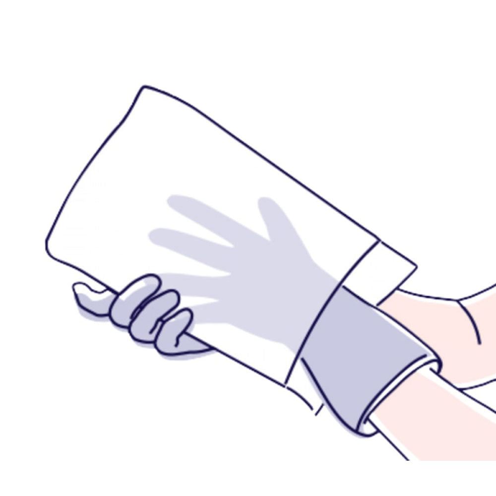 Zeichnung eines einzelnen Seni Care Waschhandschuhes in der Anwendung