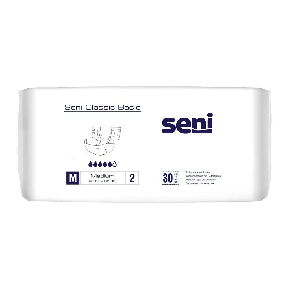 Frontalansicht einer Packung Seni Classic Basic Medium 30er Pack Inkontinenzwindeln.