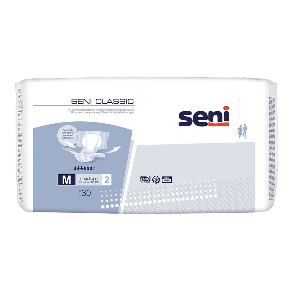 Verpackung der Seni Classic Inkontinenzwindeln in Größe Medium – saugfähig und hautfreundlich