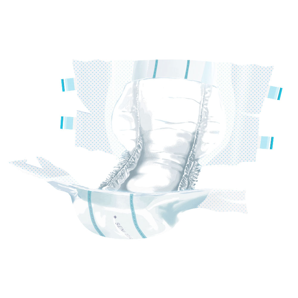 Produktbild der Seni Classic Plus Inkontinenzhosen in einer Verpackung mit 30 Stück. Die Hosen sind größer und bieten zusätzlichen Schutz für Benutzer, die Hilfe bei Inkontinenz benötigen. Auf der Verpackung sind die Produktbezeichnung, die Größe "Large" und die Anzahl der Hosen deutlich sichtbar. Die Farben sind hauptsächlich Blau und Weiß, was Vertrauen und Hygiene vermittelt. Im Hintergrund ist ein leichter, neutraler Farbton, der die Aufmerksamkeit auf das Produkt lenkt.