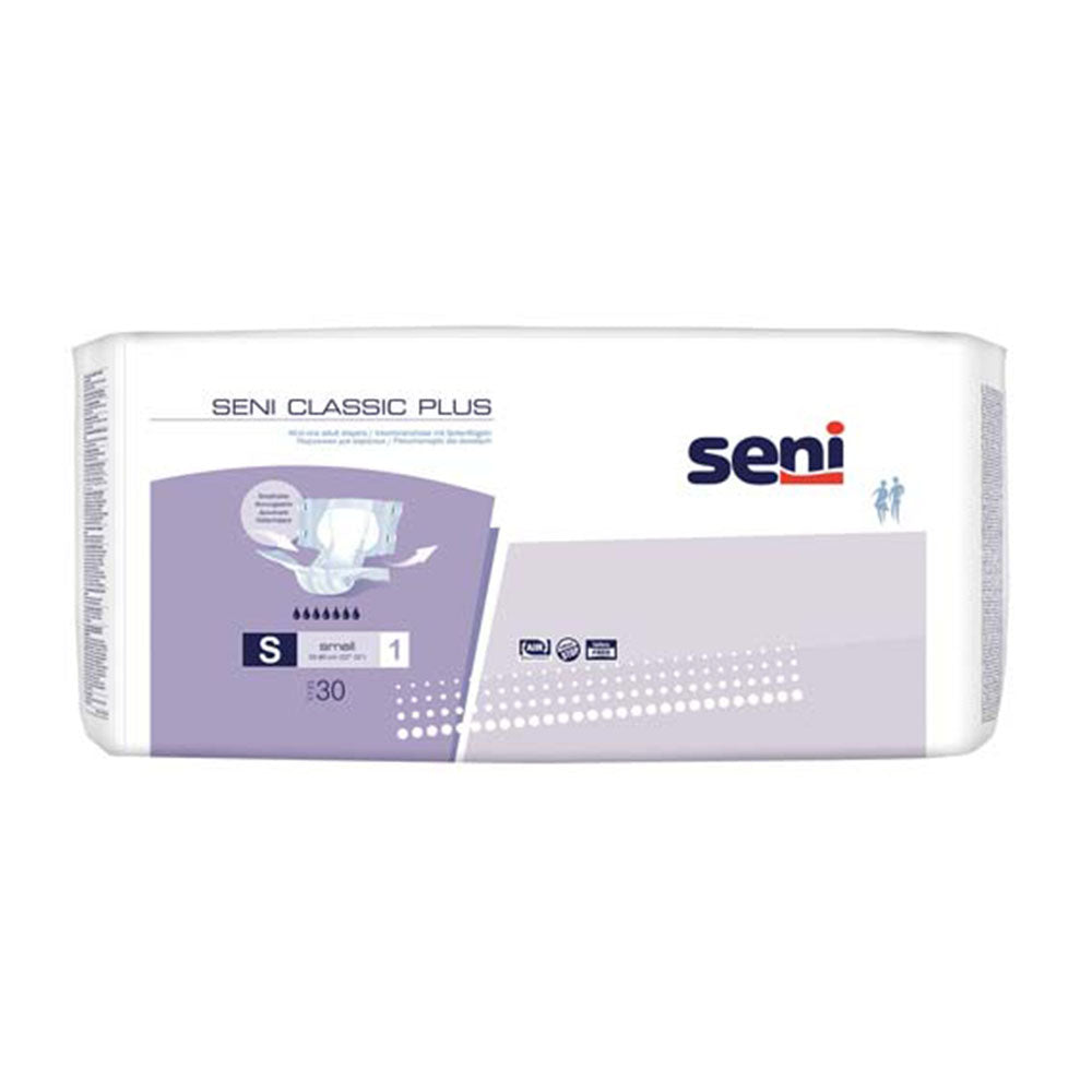 Frontalansicht einer Packung Seni Classic Plus Small Inkontinenzhosen.
