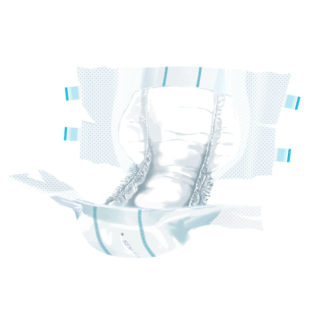 Das Bild zeigt eine Packung Seni Classic Small Inkontinenzwindeln. Die Verpackung ist hellblau mit weißen und grünen Akzenten. Auf der Vorderseite steht in großen, gut lesbaren Buchstaben "Seni Classic" sowie "Small" und "Inkontinenzwindeln". Die Abbildung zeigt eine stilisierte Darstellung der Windeln im Inneren der Packung und hebt deren Atmungsaktivität und Saugfähigkeit hervor.