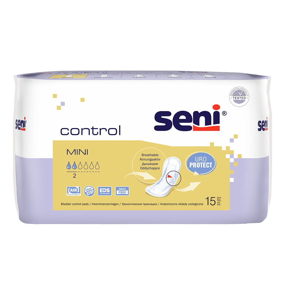 Frontalansicht einer Packung Seni Control Mini Inkontinenzeinlagen.