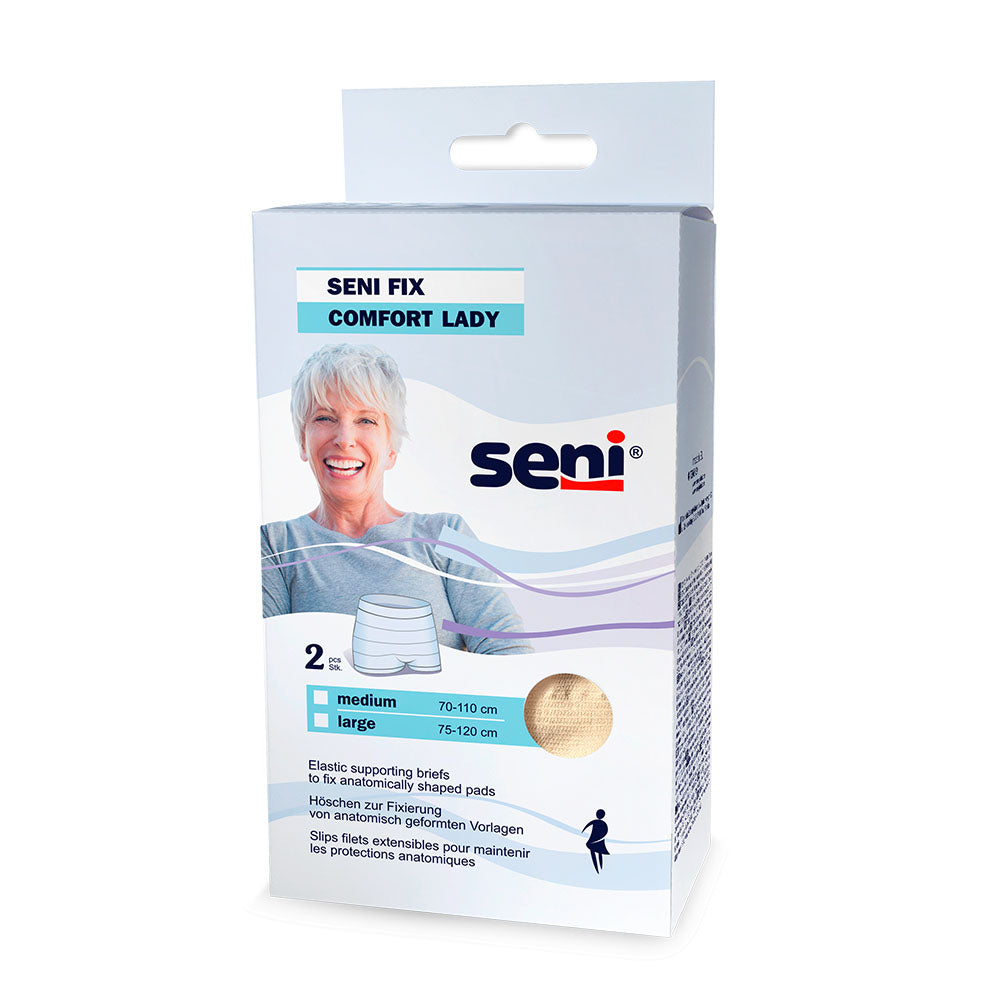 Frontalansicht einer Packung Seni Fix Comfort Lady Medium Fixierhosen.
