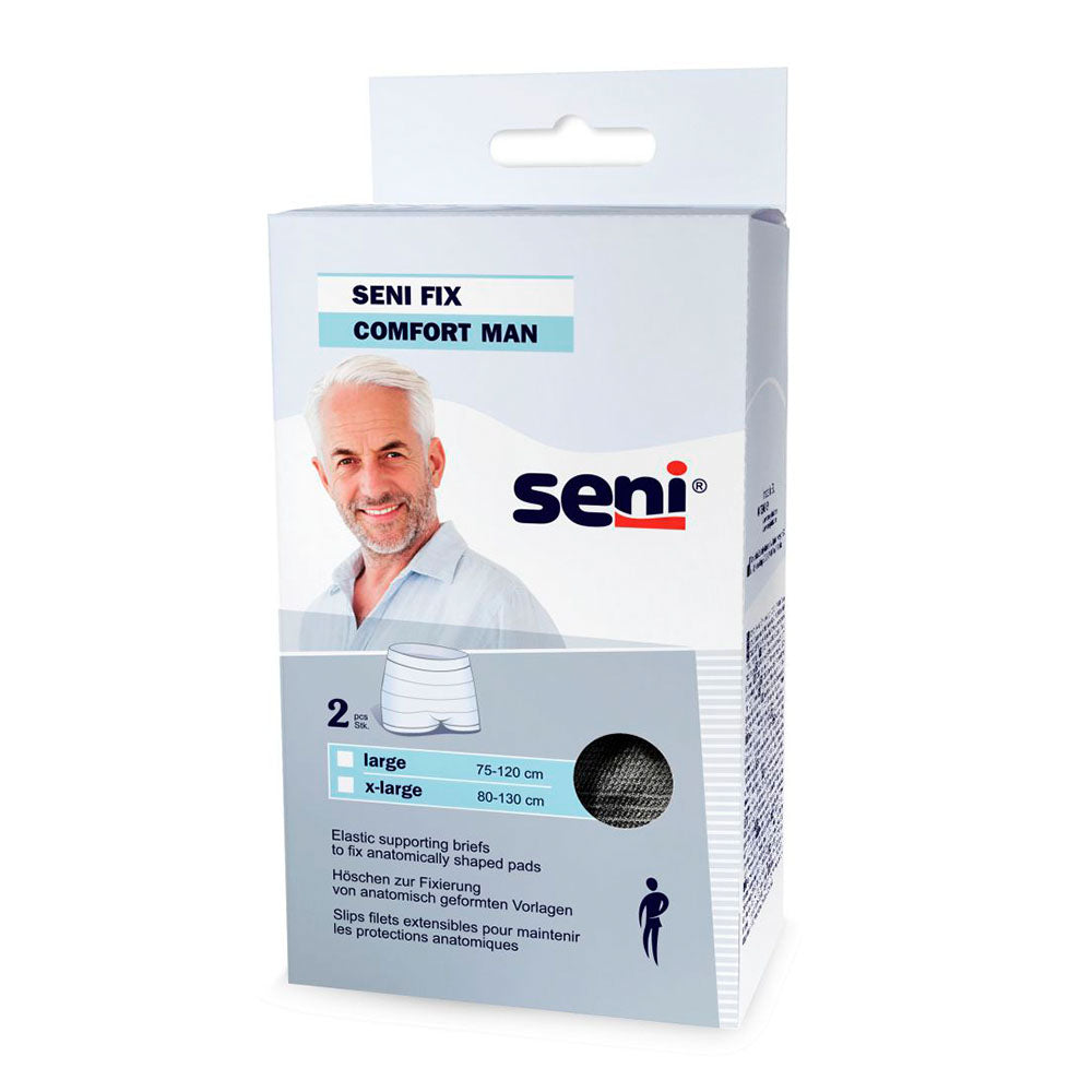 Frontalansicht einer Packung Seni Fix Comfort Man XL Fixierhosen.