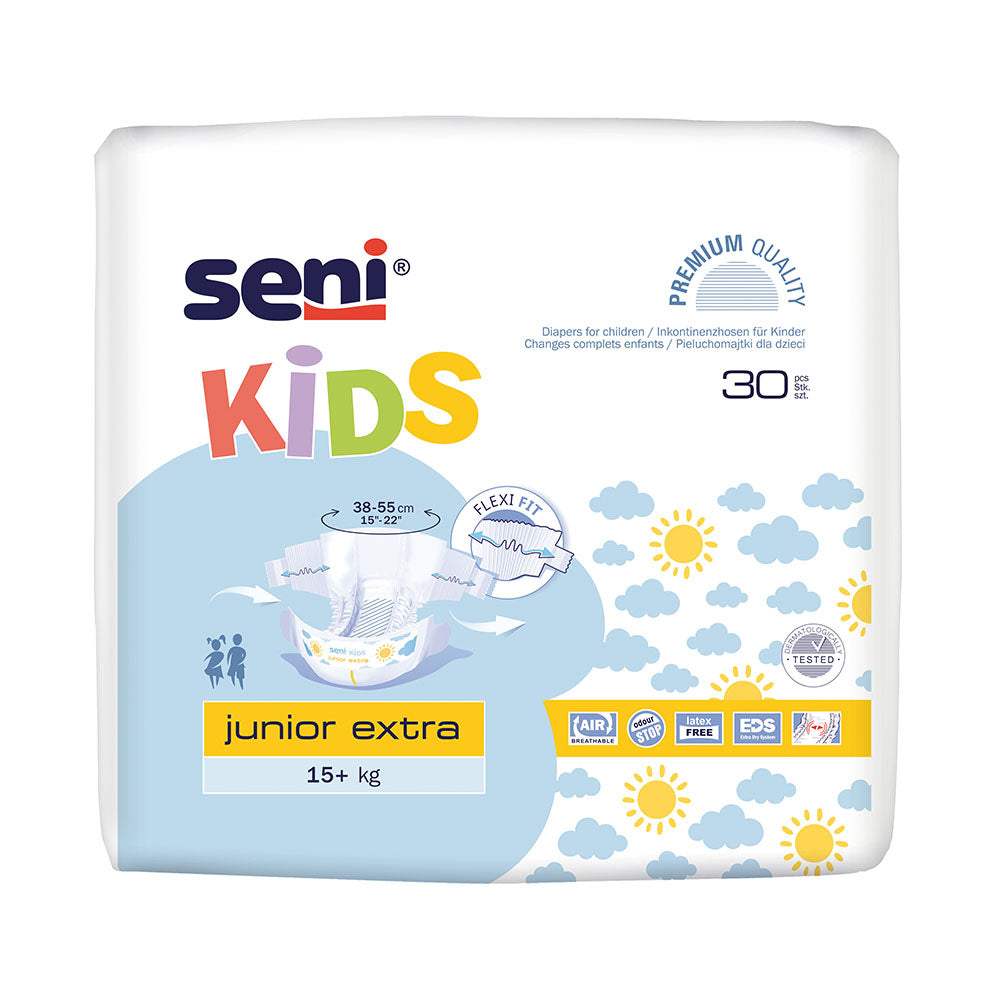 Frontalansicht einer Packung Seni Kids Junior Extra 15 kg Windeln.