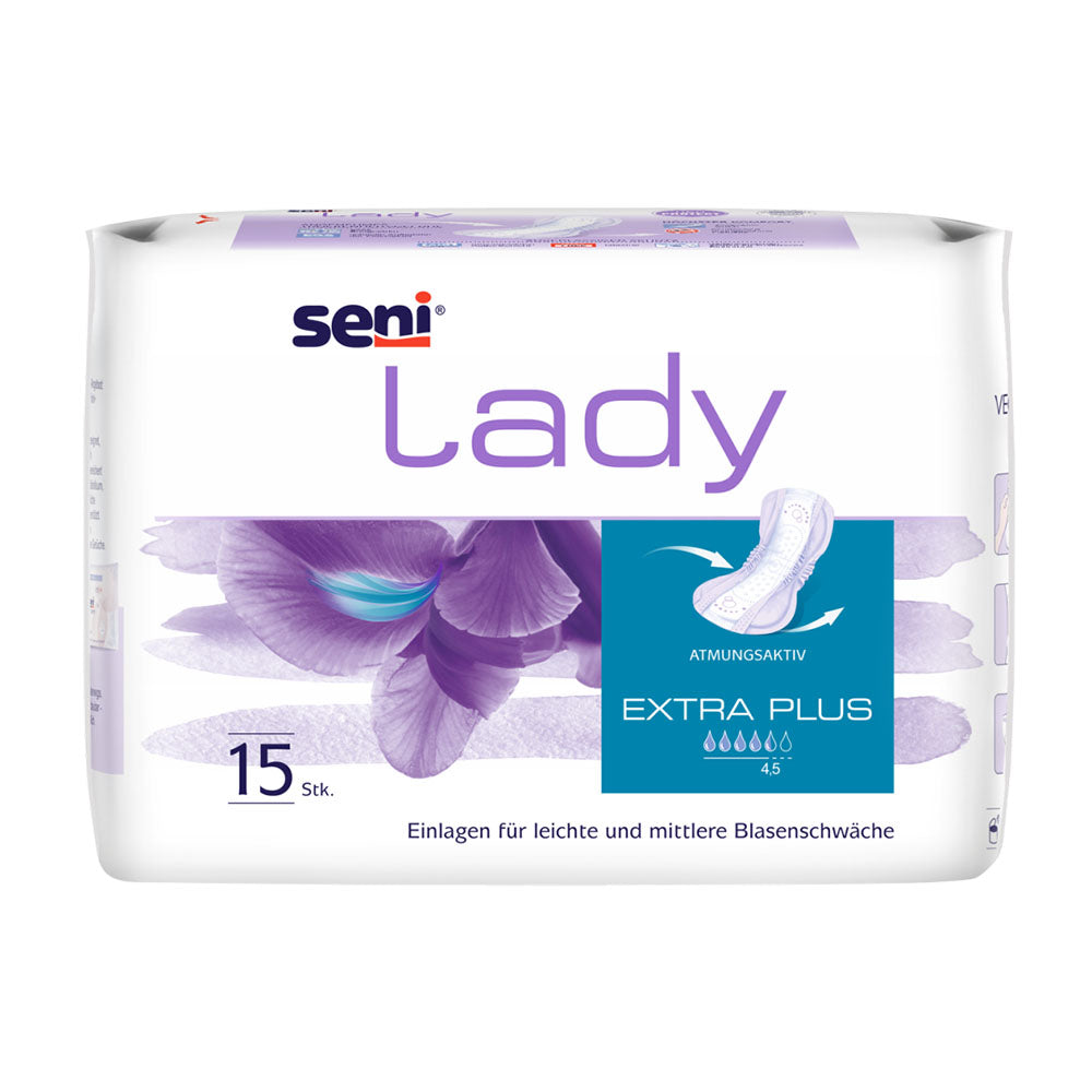 Ein Paket mit Seni Lady Extra Plus Inkontinenzeinlagen, abgebildet auf einem hellen Hintergrund. Das Paket zeigt eine moderne, elegante Gestaltung mit einer überwiegend weißen Farbgebung. Der Markenname „Seni“ ist deutlich sichtbar, zusammen mit der Produktbezeichnung „Lady Extra Plus“ und einer Grafik, die die Eignung für leichte bis mittlere Inkontinenz signalisiert. Zusätzliche Informationen über die Größe und die Anzahl der enthaltenen Einlagen sind ebenfalls auf dem Paket zu erkennen.
