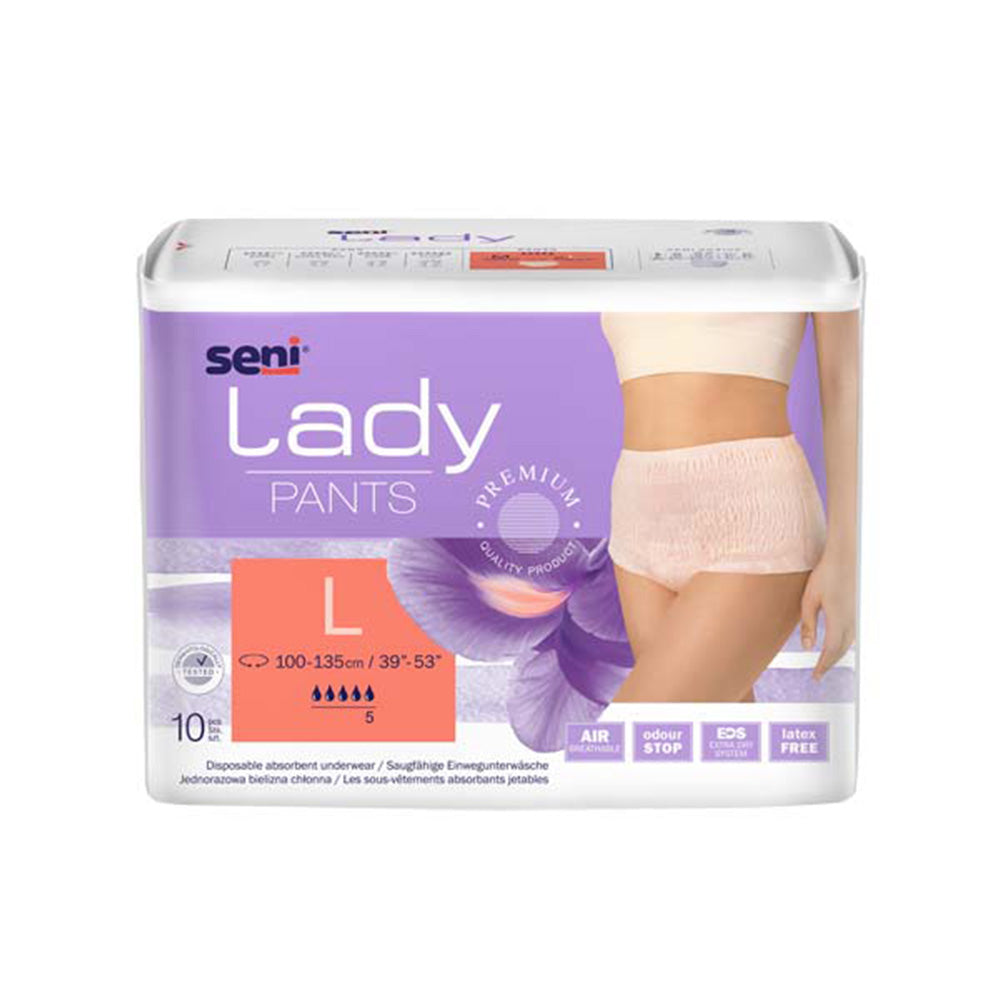 Frontalansicht einer Packung Seni Lady Pants Large Inkontinenzhosen.