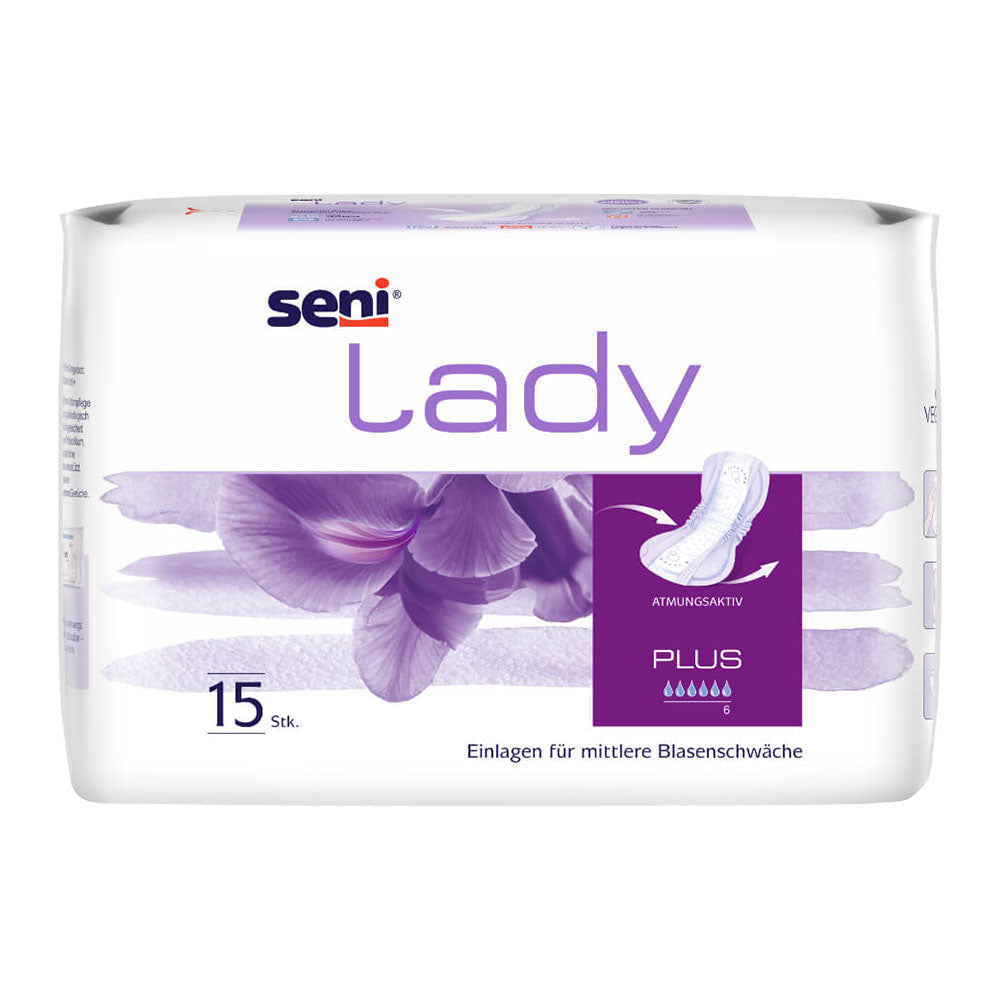 Frontalansicht einer Packung Seni Lady Plus Inkontinenzeinlagen.