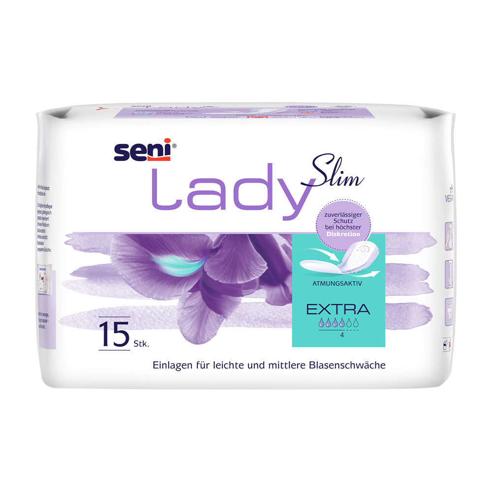 Frontalansicht einer Packung Seni Lady Slim Extra Inkontinenzeinlagen.