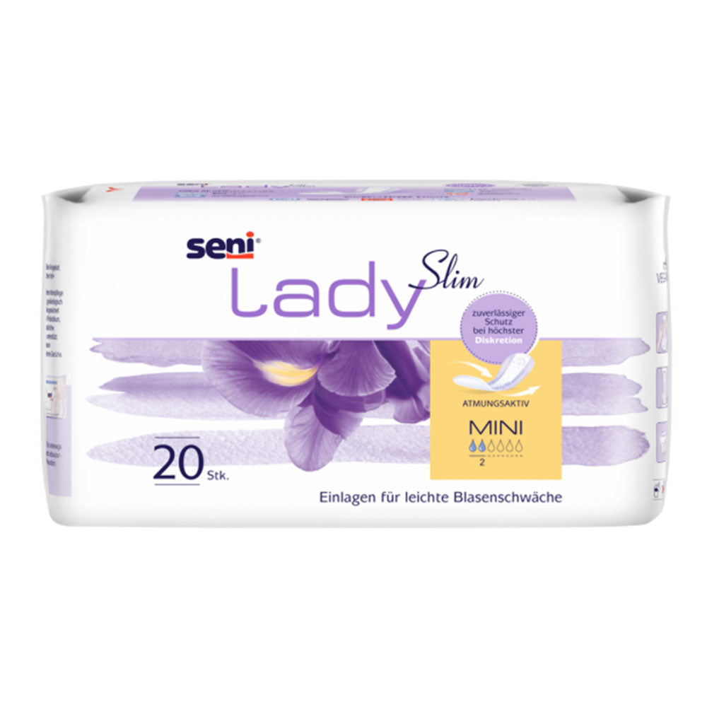 Seni Lady Slim Mini – Frontalansicht der 20-Stück-Packung Inkontinenzeinlagen für Frauen