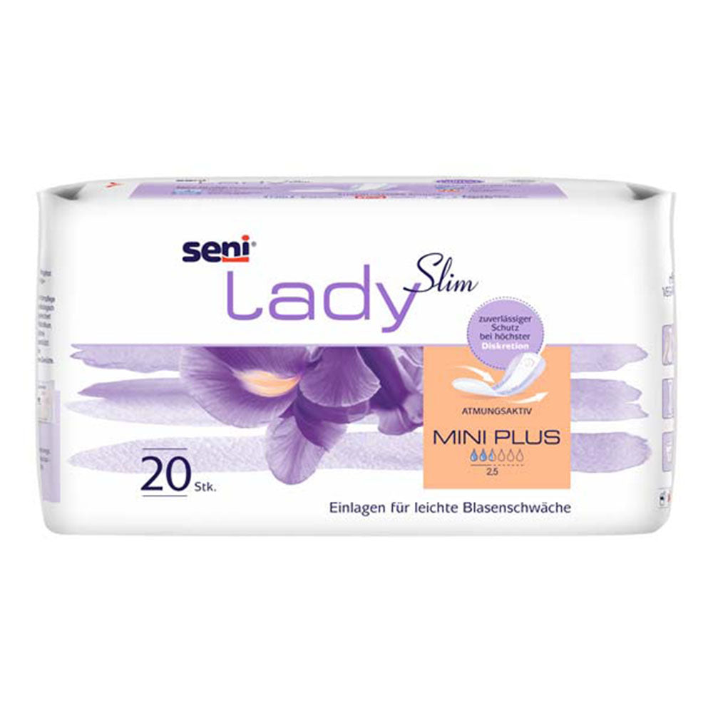 Frontalansicht einer Packung Seni Lady Slim Mini Plus Inkontinenzeinlagen.