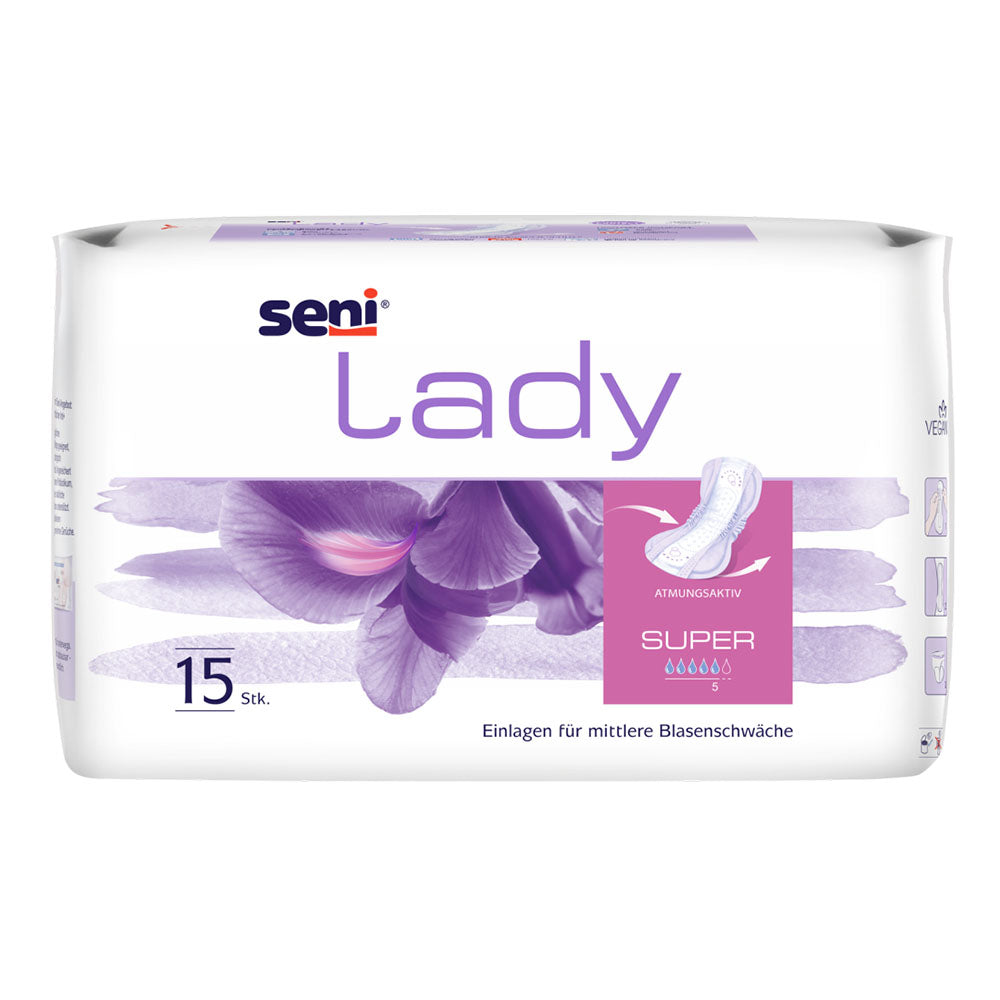 Frontalansicht einer Packung Seni Lady Super Inkontinenzeinlagen.