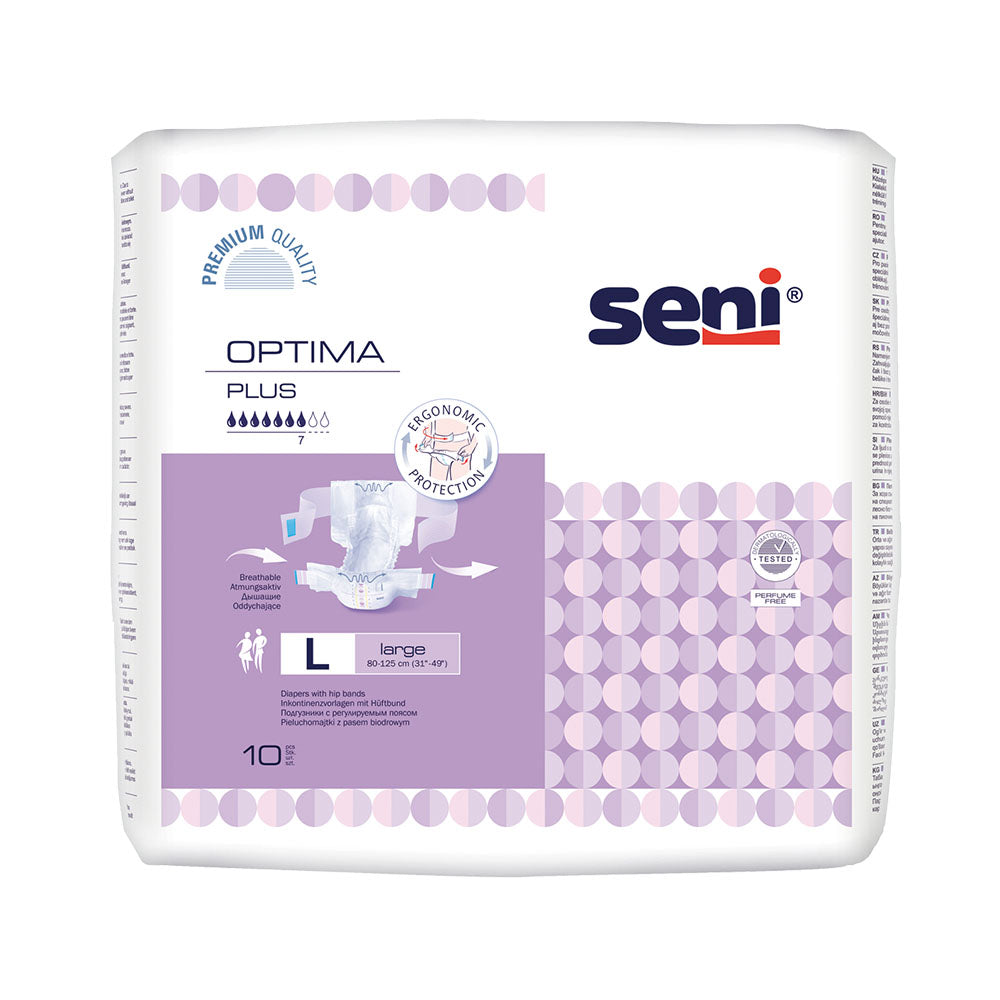 Frontalansicht einer Packung Seni Optima Plus Large 10er Pack Inkontinenzvorlage.