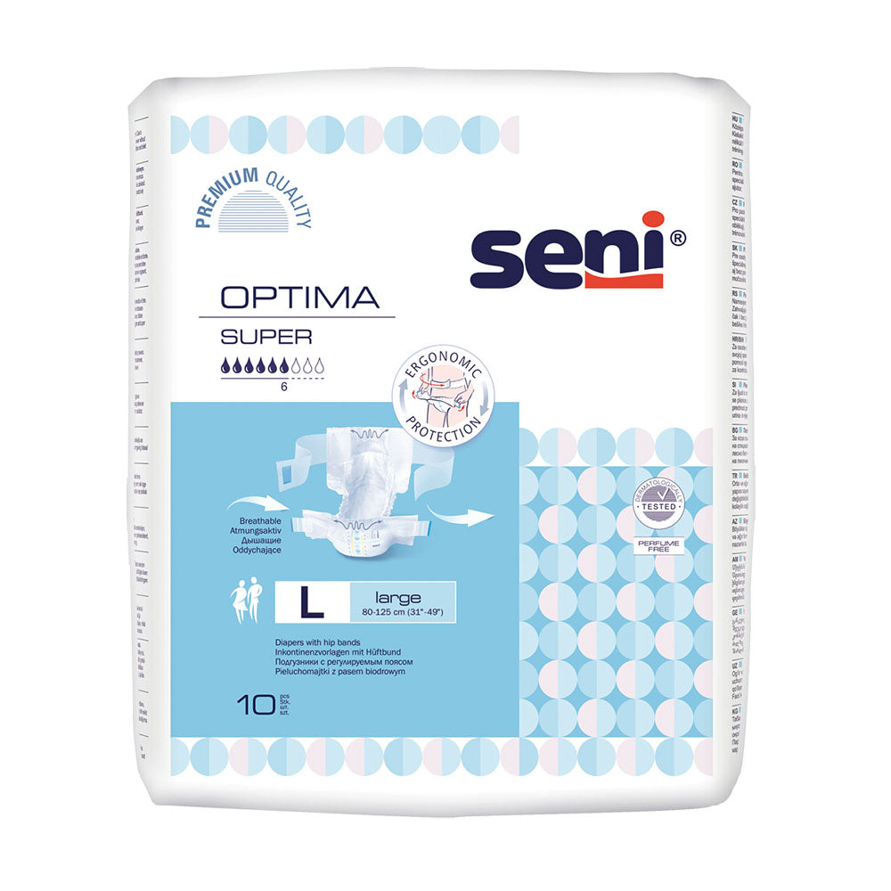 Frontalansicht einer Packung Seni Optima Super Large 10er Pack Inkontinenzvorlage.