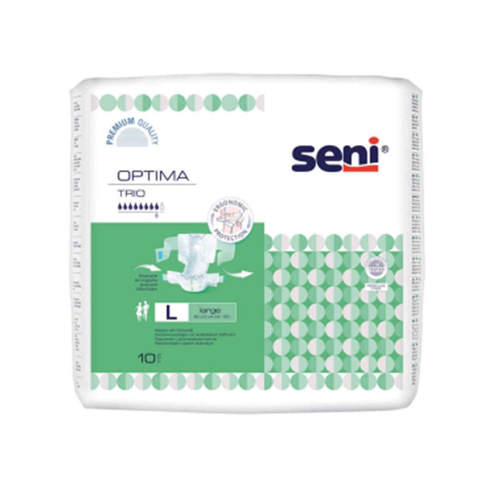 Alt-Text: Das Bild zeigt die Verpackung von Seni Optima Trio Large, einer Produktreihe für Inkontinenzvorlagen. Die Verpackung ist überwiegend in Weiß mit türkisfarbenen Akzenten und enthält den Produktnamen deutlich sichtbar. Auf der Vorderseite sind Symbole abgebildet, die wichtige Eigenschaften wie Saugfähigkeit und Pflegeintensität hervorheben. Im Hintergrund ist eine sanfte, neutrale Textur zu erkennen, die Vertrauen und Komfort vermittelt.
