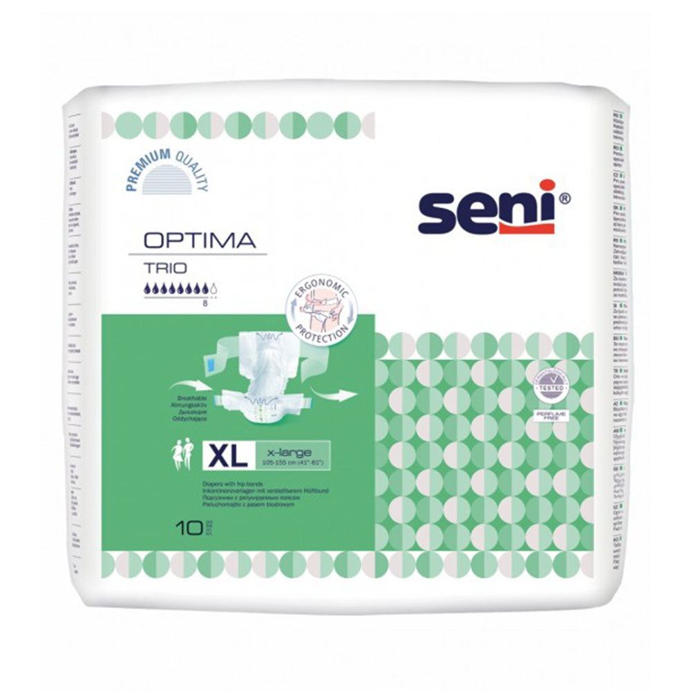 Produktbild einer Packung Seni Optima Trio XL Inkontinenzvorlagen. Die Verpackung zeigt ein ansprechendes Design in auffälligen Farben mit dem Produktnamen deutlich hervorgehoben. Im Vordergrund sind Beispiele der Vorlagen abgebildet, die ihre Form und Größe anzeigen. Die Packung ist sowohl auf der Vorder- als auch auf der Rückseite leicht transparent, sodass die Vorlagen teilweise sichtbar sind.