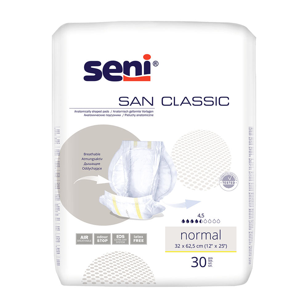 Alt-Text: Produktbild einer Packung Inkontinenzvorlagen von Seni San Classic Normal. Die Verpackung ist überwiegend in Blau und Weiß gehalten und zeigt auf der Vorderseite eine Abbildung der Vorlagen sowie den Produkttitel in klarer Schrift. Die Packung enthält Informationen über die Saugstärke und ist für normale Inkontinenz geeignet. Im Hintergrund ist ein heller, neutraler Farbton zu sehen, der die Produkteigenschaften hervorhebt.