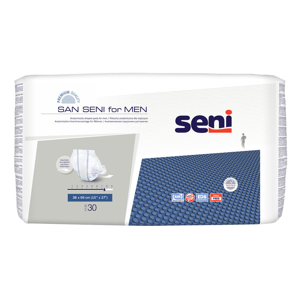 Inkontinenzvorlagen für Männer von Seni San, verpackt in einer blauen und weißen Verpackung. Die Verpackung zeigt ein stilisiertes männliches Symbol in einer auffälligen Farbe. Auf der Vorderseite stehen Produktinformationen wie die Betitelung "Seni San for Men", sowie Angaben zur Größe und Saugstärke. Im Hintergrund ist eine weich strukturierte Oberfläche zu erkennen, die die Produktpräsentation unterstützt.