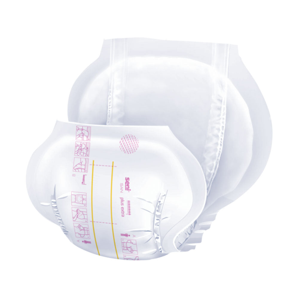 Detaillierte Produktabbildung der Seni San Plus Inkontinenzvorlagen im 30er-Pack. Die Verpackung zeigt ein ansprechendes Design in Blau- und Weißtönen, auf der Vorderseite prangt die Produktbezeichnung „Seni San Plus Extra“ gut lesbar. In der oberen rechten Ecke befindet sich eine Kennzeichnung mit dem Hinweis auf die Anzahl der Vorlagen im Pack. Die Vorlagen selbst sind auf der Verpackung angedeutet, um ihre Form und Funktionalität zu verdeutlichen.