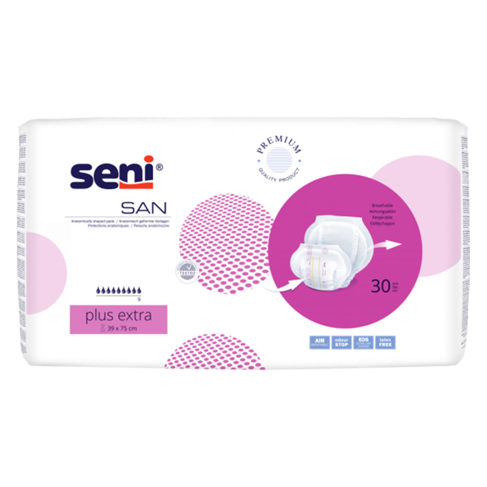 Weißes Produktbild von einem 30er-Pack Seni San Plus Inkontinenzvorlagen. Der Pack ist an der Vorderseite transparent, sodass einige der Vorlagen sichtbar sind. Jede Vorlage ist in einem typischen rechteckigen Format und zeigt eine strukturierte Oberfläche. Das Design ist schlicht und funktional, mit dezenten blauen und grünen Akzenten. Oben auf der Verpackung ist der Markenname "Seni" sowie "San Plus" deutlich zu sehen.