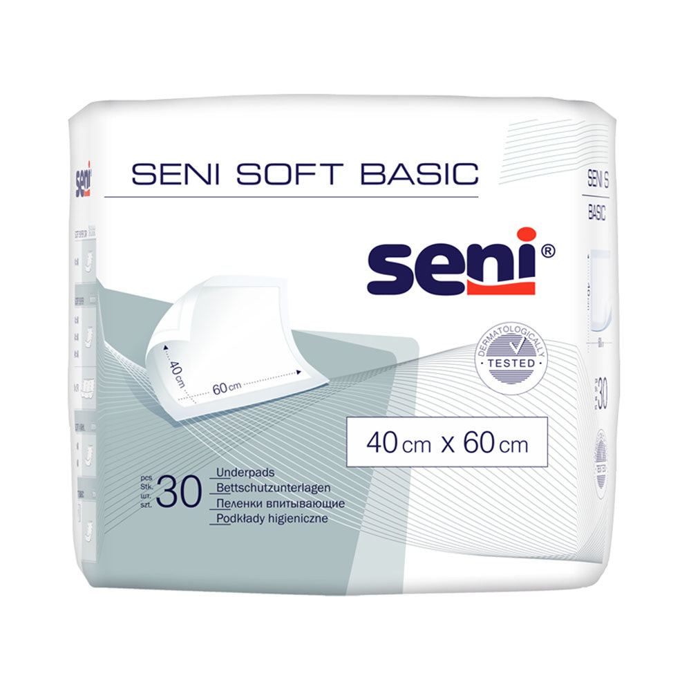 Produktbild von Seni Soft Basic Bettschutzunterlagen, 40 x 60 cm, 30er-Pack. Die Unterlagen sind in einer transparenten Verpackung angeordnet. Jede Unterlage ist in sanften Blautönen dargestellt, mit einer weichen, saugfähigen Oberfläche. Die Verpackung zeigt ein helles, ansprechendes Design mit dem Produkttitel und den Hauptmerkmalen. Auf der Verpackung sind auch Hinweise zur Verwendung und Pflege der Unterlagen abgebildet.