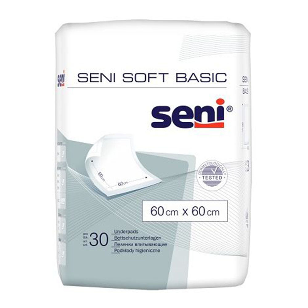 Bettschutzunterlagen Seni Soft Basic, Packung mit 30 Stück, quadratisch, Maße 60 x 60 cm. Die Unterlagen sind in einem hellen, sanften Blau gehalten und bestehen aus einer absorbierenden Schicht, die Flüssigkeiten effektiv aufnimmt und den Untergrund schützt. Sie sind vielseitig einsetzbar, ideal für Betten, Stühle oder zur Inkontinenzpflege. Die Verpackung ist stabil und zeigt das Produkt sowie dessen Verwendungsmöglichkeiten. Die Unterlagen bieten Komfort und Sicherheit für Benutzer und Pflegende.