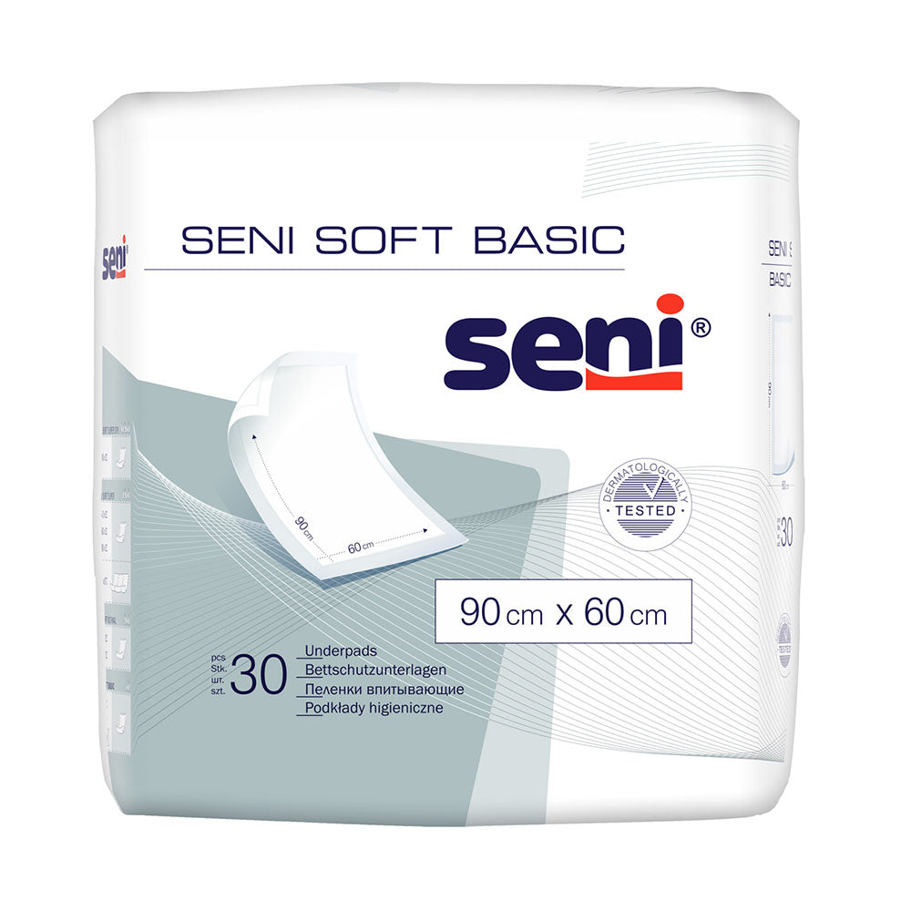 Bettschutzunterlagen Seni Soft Basic im 30er-Pack. Jede Unterlage misst 60 x 90 cm und ist in sanften Farben gehalten. Die Oberfläche ist weich und angenehm, ideal für die Nutzung bei Inkontinenz. Der Rand ist verstärkt, um ein Auslaufen zu verhindern. Die Unterlagen sind sowohl für zu Hause als auch für den Einsatz im Pflegebereich geeignet. Sie bieten zuverlässigen Schutz für Matratzen und Bettwäsche.