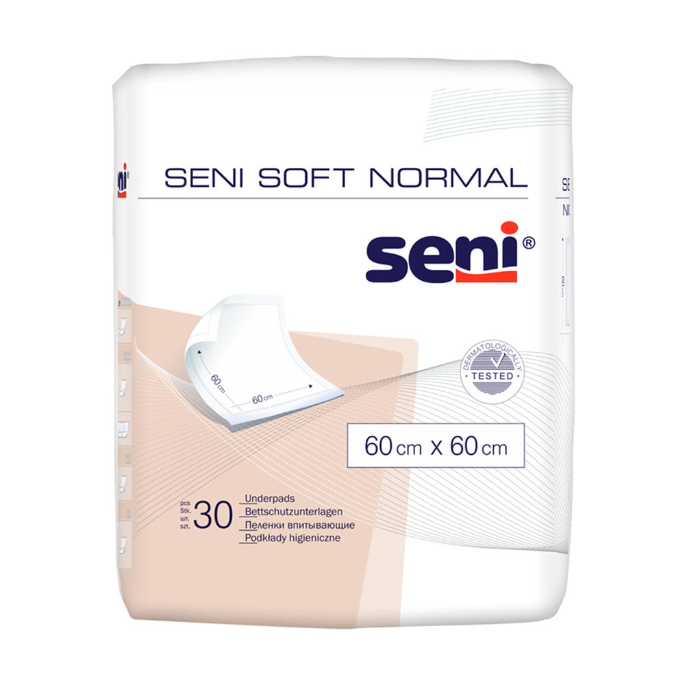 Auf dem Bild sind 30 Bettschutzunterlagen der Marke Seni Soft abgebildet. Die Unterlagen haben die Maße 60 x 60 cm und zeichnen sich durch eine weiche, blaue Oberfläche aus. Die Verpackung zeigt ein ansprechendes Design mit dem Produktnamen und entsprechenden Informationen. Die Unterlagen sind ideal für den Schutz von Matratzen und Betten, bieten hohe Saugfähigkeit und sind für die Nutzung im Pflege- oder Seniorenbereich geeignet.