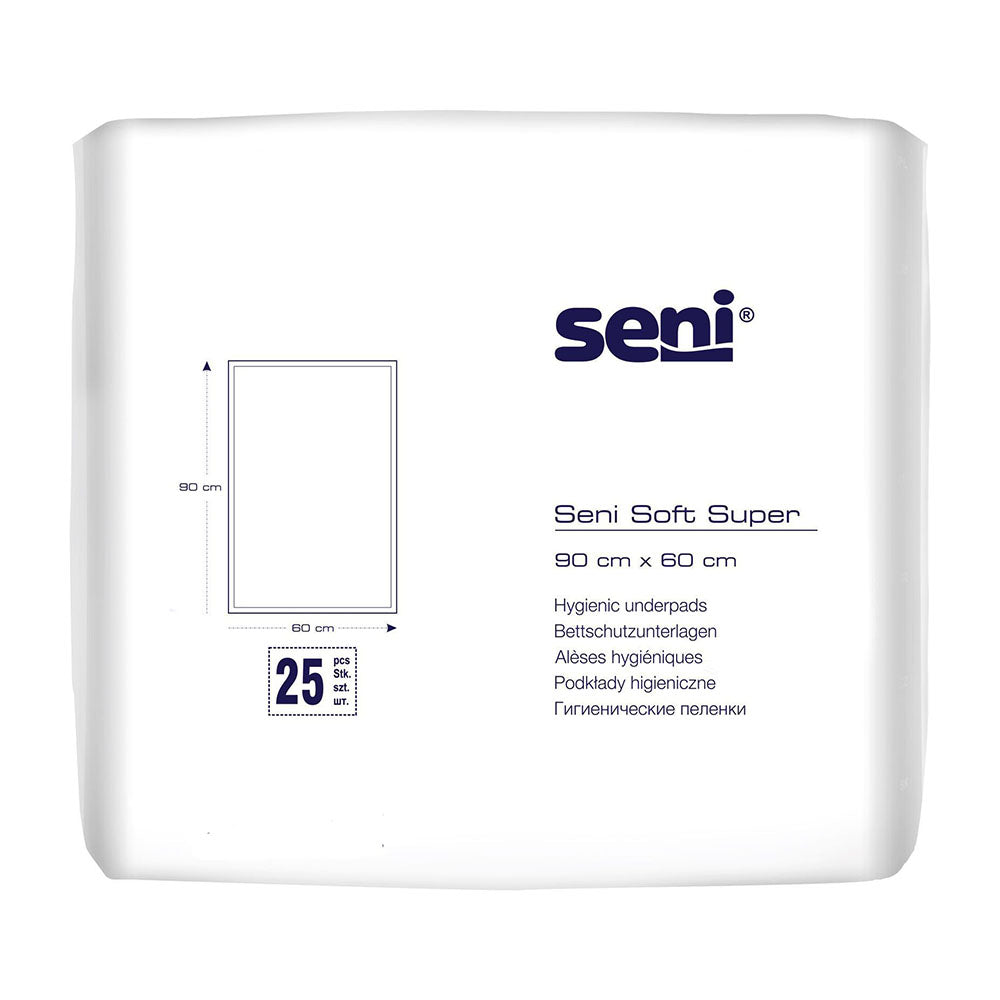 Bettschutzunterlagen von Seni Soft im 25er-Pack. Jede Unterlage misst 60 x 90 cm und ist für optimalen Schutz konzipiert. Das Bild zeigt die transparenten Verpackungen, die stapelbar sind, mit einem auffälligen blauen und weißen Design. Auf der Vorderseite sind Produktinformationen deutlich sichtbar, darunter die Markennamen und die Anzahl der Unterlagen. Die Oberfläche ist sanft und saugfähig, ideal für die Verwendung im Bett oder im Rollstuhl.