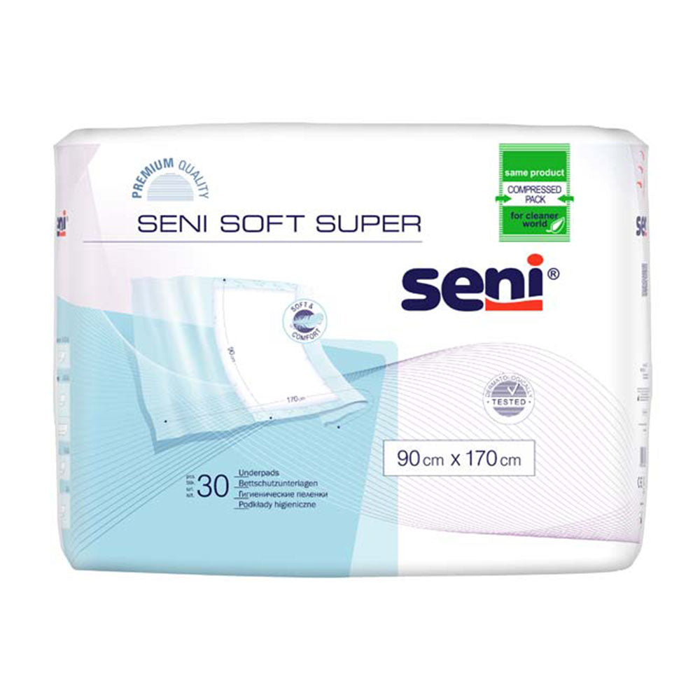 Bettschutzunterlagen von Seni, präsentiert in einem 30er-Pack. Die Unterlagen sind großformatig mit den Maßen 90 x 170 cm und verfügen über praktische Seitenflügel für optimale Haftung. Sie sind in einem hellen Hintergrund angeordnet und zeigen eine klare und saubere Verpackung. Die Unterlagen sind speziell für den Schutz von Matratzen ausgelegt, bieten eine hohe Saugfähigkeit und sind ideal für die Pflege von Menschen mit Inkontinenz. Das Produkt vermittelt einen Eindruck von Komfort und Zuverlässigkeit.