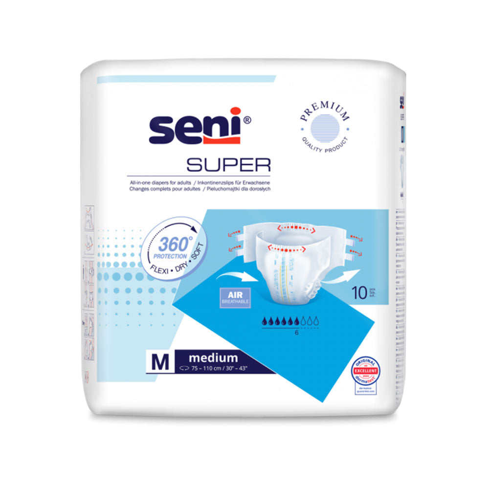 Packung der "Seni Super" Inkontinenzwindeln für Erwachsene in Größe M (Medium, 75–110 cm / 30''–43''). Die Packung zeigt ein Produktbild der Windel, die Aufschrift „360° Protection“, „Flexi · Dry · Soft“, die Atmungsaktivität (Air breathable) und eine Saugstärke von 6 von 9 Tropfen. Enthält 10 Stück.