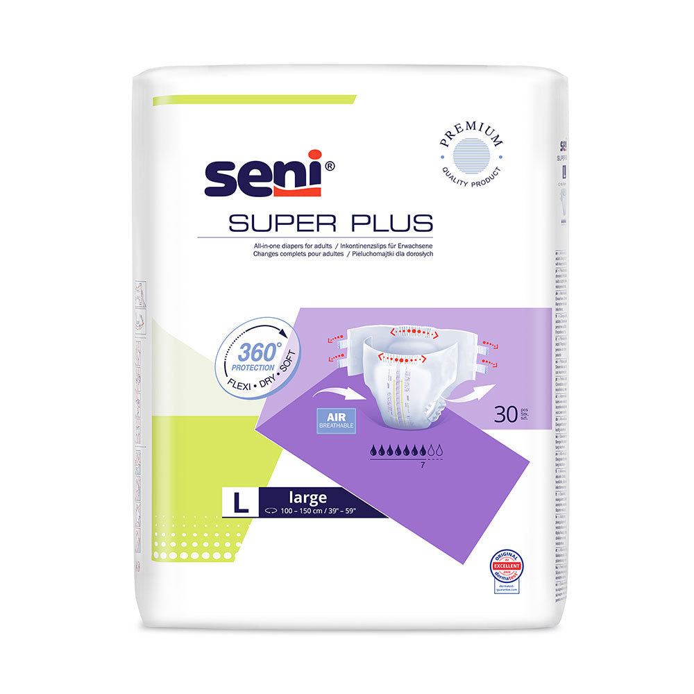 Das Bild zeigt eine Verpackung der Seni Super Plus Large Inkontinenzslips. Die blaue, strapazierfähige Schachtel hat vorne ein großes, deutlich lesbares Etikett, das die Marke "Seni" und die Produktbezeichnung "Super Plus" zeigt. Darunter wird die Größe "Large" hervorgehoben. Im Hintergrund sind einfache grafische Elemente in sanften Farben, die die Anwendungsvielfalt und den Komfort der Produkte visualisieren.