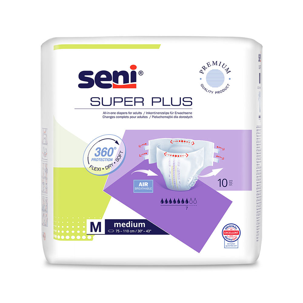 Auf dem Bild ist eine Packung mit 10 Saugunterlagen für Erwachsene abgebildet. Die Verpackung hat ein modernes Design mit klaren, hellen Farben, und zeigt deutlich den Produktnamen "Seni Super Plus Medium". Auf der Vorderseite sind auch symbolische Grafiken zu finden, die auf die hohe Saugfähigkeit und den Komfort hinweisen. Die Packung steht auf einem hellen Hintergrund, was die Farben und das Produkt hervorhebt.