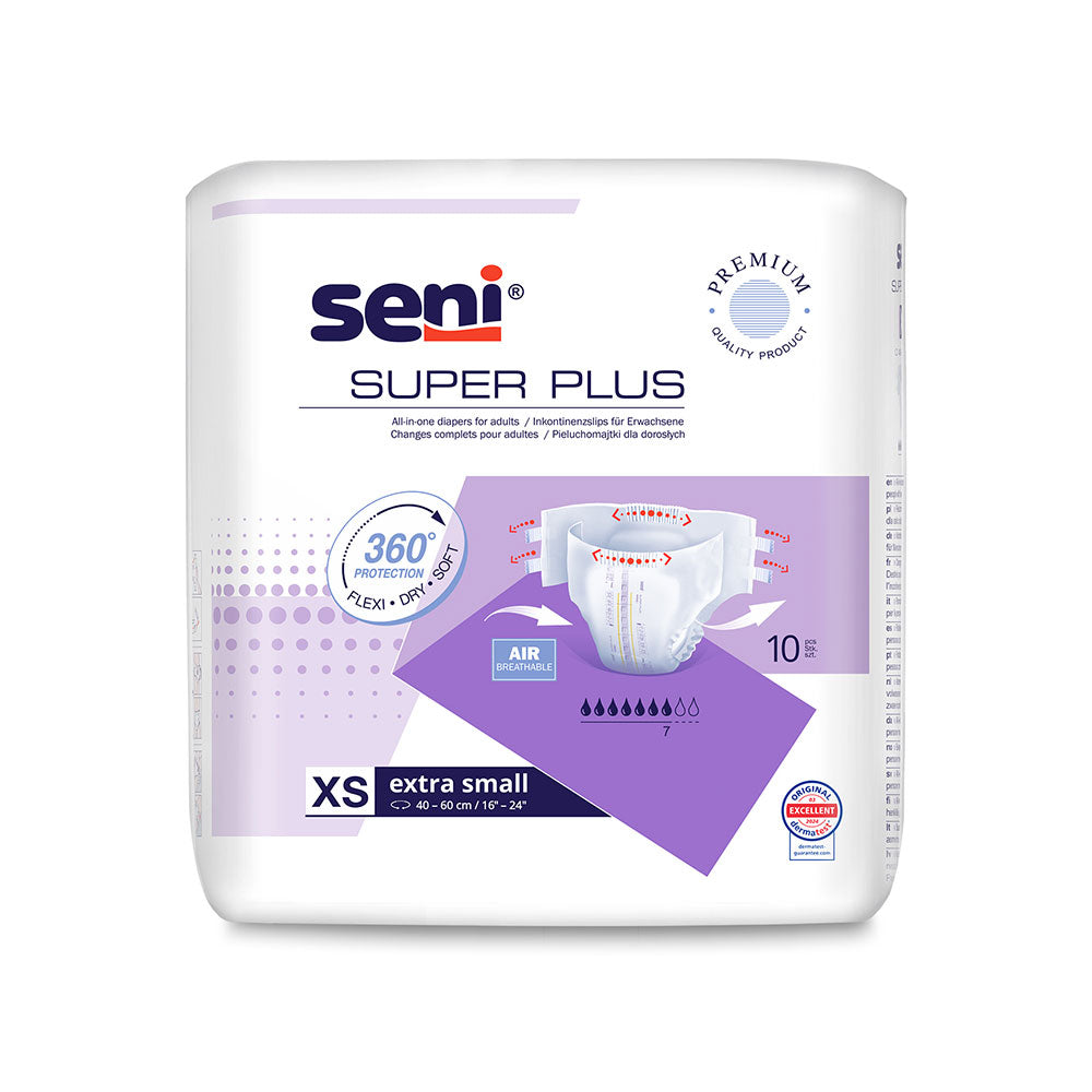 Weiß, lila Verpackung der Seni Super Plus Inkontinenzhosen in der Größe XS.