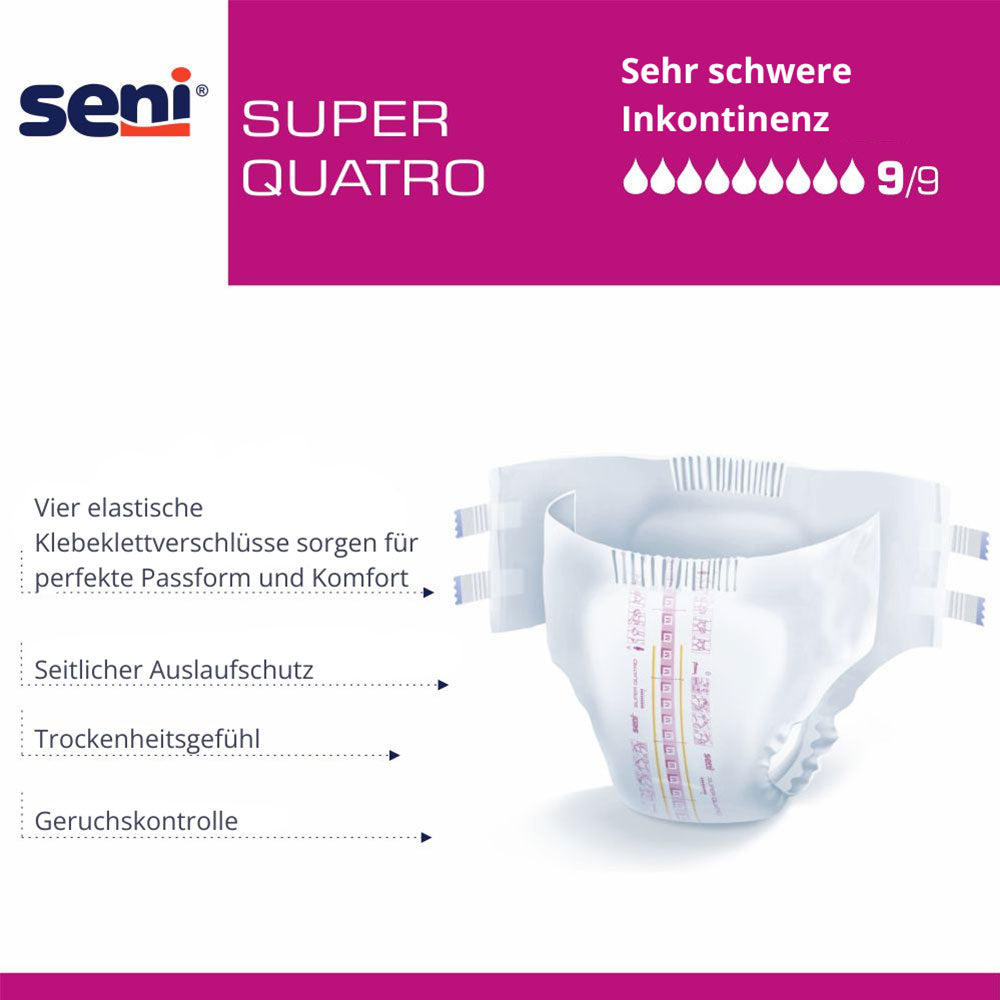 Ein Paket mit Seni Super Quatro L Inkontinenzprodukten, das in einer ansprechenden, farbigen Verpackung präsentiert wird. Die Verpackung zeigt deutlich das Produktlogo und informiert potenzielle Käufer über die Größe "L" (Large). Es sind Abbildungen von schützenden Einlagen oder Windeln zu sehen, die auf den Bedarf nach hoher Saugfähigkeit und Komfort bei der Anwendung hinweisen. Der Hintergrund ist neutral, um das Produkt optimal zur Geltung zu bringen.