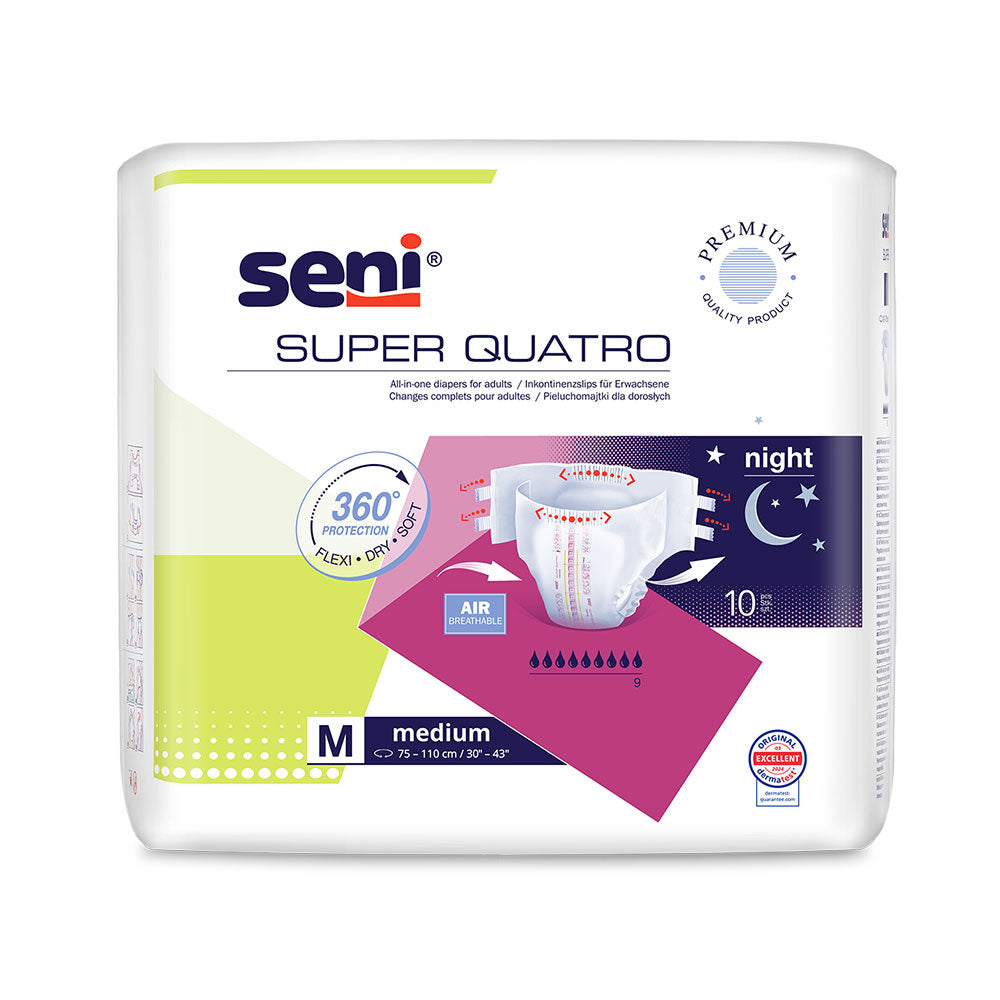 Engagierter Produktbild-Alt-Text: "Das Bild zeigt eine Packung Seni Super Quatro M, eine Premium-Inkontinenzwindel für Erwachsene. Die Verpackung ist vorn hellblau und zeigt das Produkt in der Anwendung. Sie ist mit einem Abbild von einem lächelnden, aktiven älteren Mann versehen, was Lebensfreude und Unabhängigkeit symbolisiert. Die Details der Windel sind sichtbar, mit einem klaren Hinweis auf ihre Saugfähigkeit und den Komfort.