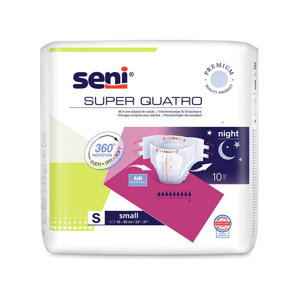 Seni Super Quatro S ist eine hochwertige Inkontinenzversorgung, die auf dem Bild abgebildet ist. Die Packung zeigt eine Kunststofftasche in einem hellgrünen Farbton mit einem klaren, professionellen Design. Auf der Vorderseite sind das Produktlogo und die Angaben zu Größe und Absorption in gut lesbarer Schrift platziert. Im Hintergrund bleibt der Fokus auf den essentiellen Informationen, während die Design-Elemente einen modernen Eindruck vermitteln. Ideal für diskrete und komfortable Verwendung.