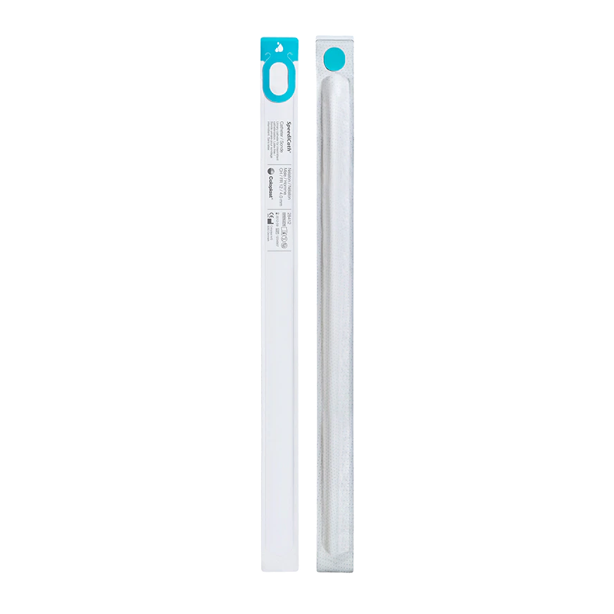 Produktbild eines SpeediCath Einmalkatheters Tiemann, Größe CH12, in einer transparenten Verpackung. Der Katheter ist 40 cm lang und in einer sterilen Verpackung angeordnet, die 30 Stück enthält. Die Verpackung zeigt eine klar lesbare Produktbezeichnung sowie die Herstellerinformationen. Die Farbtöne sind hauptsächlich Weiß und Blau, mit einem Fokus auf Hygienestandard. Im Hintergrund ist eine unscharfe, helle Fläche zu erkennen, die das medizinische Umfeld andeutet.