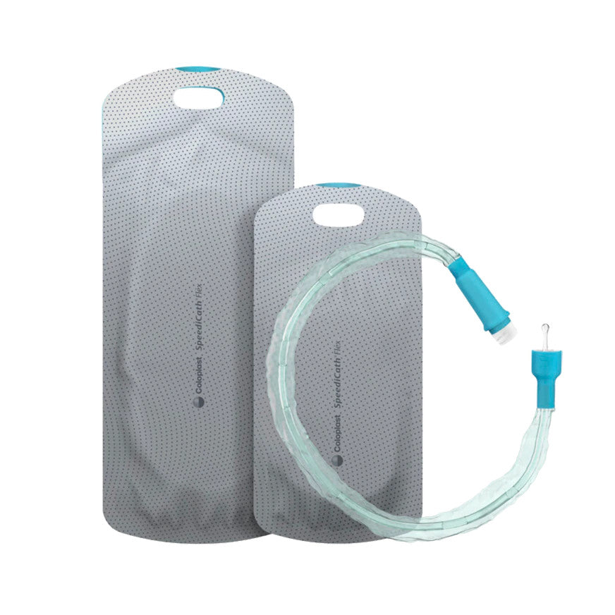 Bild eines SpeediCath Flex Katheters für Männer. Der Katheter ist transparent und hat eine flexible, glatte Oberfläche. Das Produkt ist in einer Verpackung dargestellt, die mit dem Markennamen „SpeediCath“ und dem Hinweis auf die Anwendung für Männer versehen ist. Neben dem Katheter sind einige deskriptive Textelemente sichtbar, die die Vorteile der Flexibilität und Benutzerfreundlichkeit hervorheben. Der Hintergrund ist schlicht und neutral gehalten, um den Fokus auf das Produkt zu legen.