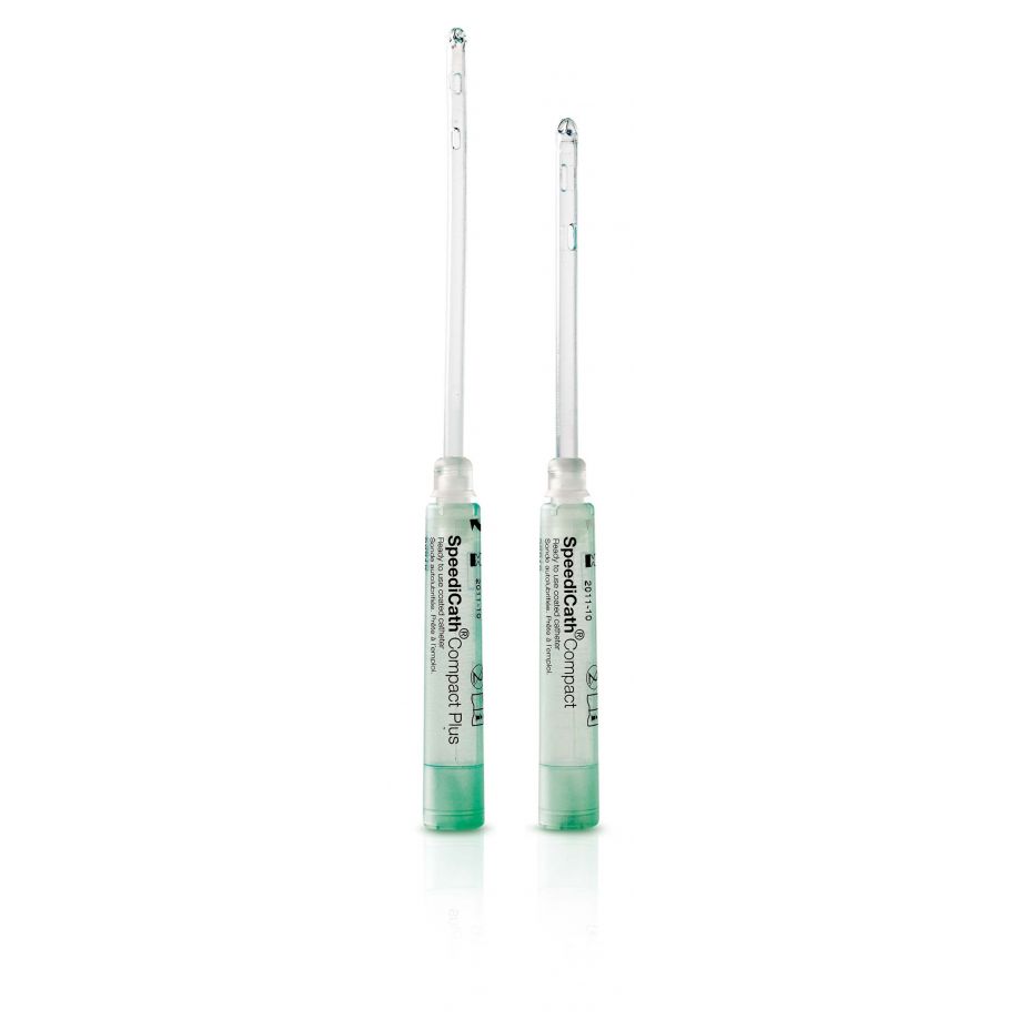 Bild eines SpeediCath® Compact Plus Einmalkatheters für Frauen, CH 12. Der Katheter ist in einer schmalen, eleganten Packung präsentiert, die hauptsächlich in Rosa und Weiß gehalten ist. Auf der Verpackung sind sowohl das Produktlogo als auch klare Anweisungen zur Verwendung abgebildet. Die Vorderansicht zeigt den Katheter in einer leicht geöffneten Verpackung, sodass der innovative und benutzerfreundliche Aufbau sichtbar ist.